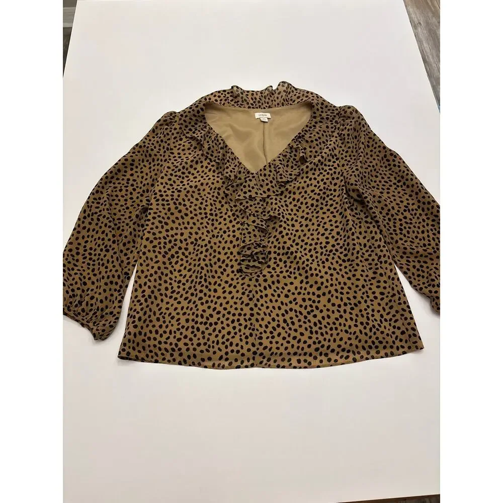 J.Crew Women's M Leopard Animal Print Ruffle V Neck Long Sleeve Blouse